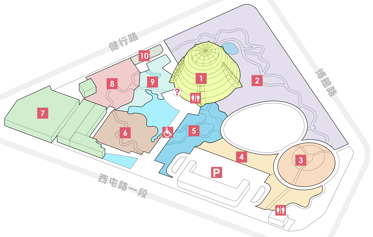 植物園各區域位置圖:有10個區域,以數字標示於圖上,各區名稱與更多介紹之連結,列於本圖右方